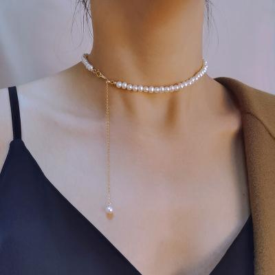 China Fashion natural pearl necklace women's American 14K gold adjustable wrapped retro choker young style can be folded and worn for sale