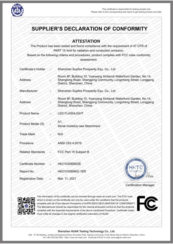 FCC - Shenzhen Supfire Prosperity Equ. Co., Ltd.