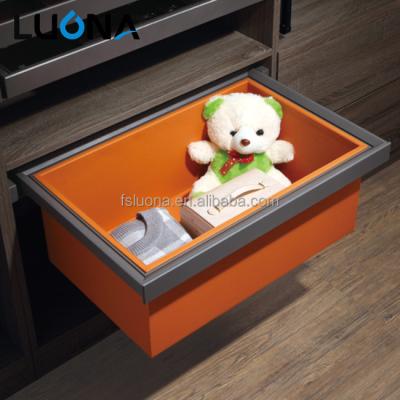 China Sustainable Luxury Soft Closing Leather Aluminum Alloy Pull Out Clothes Storage Basket For Wardrobe for sale