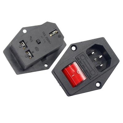 China 10A 250VAC 3/4 Pin IEC 320 Inlet C14 Connector Plug Industrial Power Socket With 10A Rocker Switch Red Fuse for sale