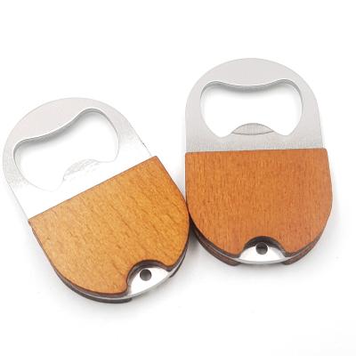 China Viable Custom Logo Beer Stainless Steel Mini Wooden Bottle Opener With Cowhide Rope for sale