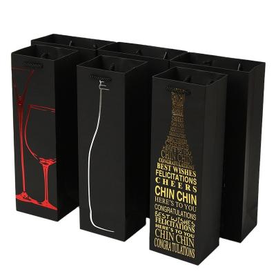 China Recyclable Custom Logo Paper Bag Black And Gold Red Wine Gift Bags Eco Friendly Wine Bottles Packaging Bag With Pockets For Wine for sale