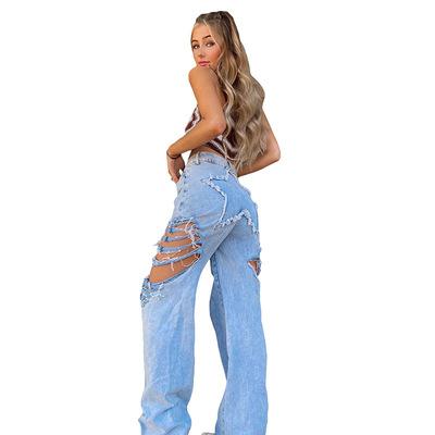 China Fashion High Waisted Light Blue QUICK DRY Elastic Waist Denim Slim Straight Booty Leg Pants Fashionable Ripped Casual Women Jeans for sale