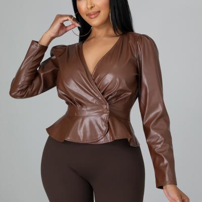 China New Arrival Breathable Women PU Leather Jackets Solid Color Asymmetry V-Neck Casual Crop Tops Ladies Casual Tops Jackets for sale