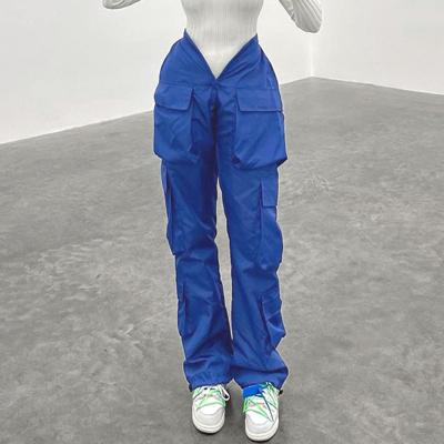 China Fashion Klein Pockets Big Cargo Overalls Breathable Solid Color Blue Pants High Waist Loose Casual Pants for sale