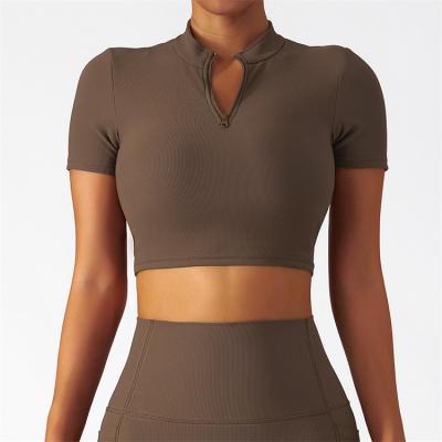 China Custom Half Ribbed Crop Top Zipper Collar Womens Breathable Cloth Backing T-Shirts for sale