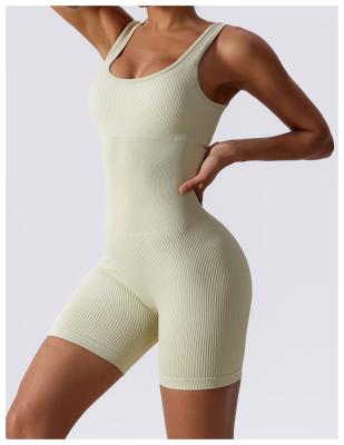 China QUICK DRY Custom Neck U Shape Solid Seamless Ribbed Knit One Piece Shorts Tight Overalls For Women for sale