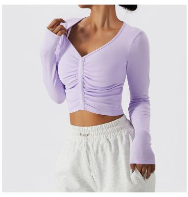 China Women QUICK DRY V-Neckline Ribbed Soft Elastic Front Scrunch Crop Top Yoga Long Sleeve Compression T-Shirt for sale