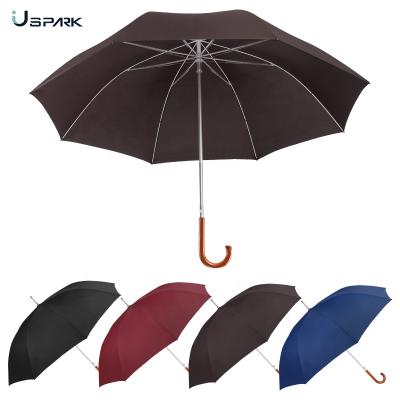 China High quality 27 inch fiberglass fram shaft aluminum light wooden handle automatic open big size j hook straight rain umbrella for sale