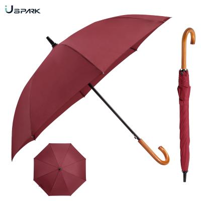 China High Quality 23 Inch 8ribs High Quality Automatic Open Wooden J Hook Curved Handle Straight Rain Umbrella for sale