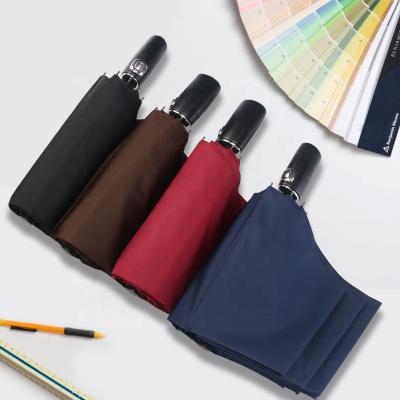 China High Quality Leather Handle 3 Folds Logo Protecter 3folds Auto Open Automatic Umbrella for sale