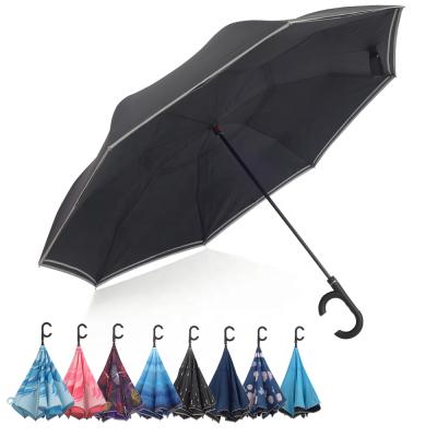 China CLASSIC Double Layer Inverted Reverse Logo Custom Straight Umbrella Windproof Umbrella With C Shape Handle Self Standing Inside Out for sale