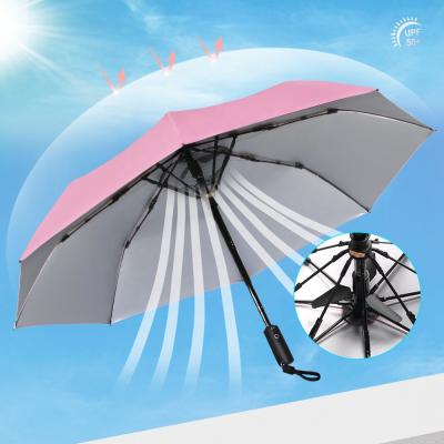 China Latest eclectic design and develop high quality Folded UV Smart Gift Umbrella with built in batteries and fan charger for sale