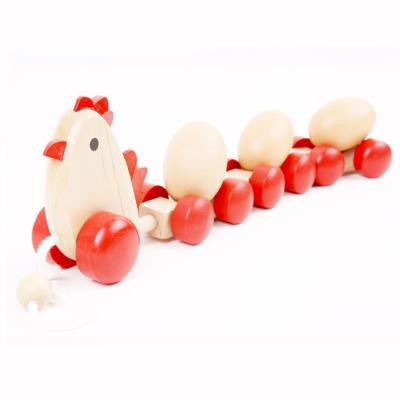 China Eductional Preschool Toys Educational Hen Cartoon Eggs Train Toy Toddler Baby Wooden Egg Shack Toy Rope Pulling Chicken Tow for sale