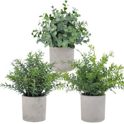 China Eco-Friendly Set of 3 Potted Plastic Indoor Faux Small Houseplant Plants for Shelf Office Mini Potted Artificial Eucalyptus Table Decoration for sale