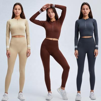 China Wholesale Mesh High Waist Seamless Sports Half-zip Sports Crop Top Wholesale Suit Breathable Long Sleeve Yoga Fitness Set Customized Women for sale