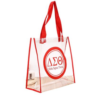 China Promotional fashion customize logo imprintwaterproof high transparent PVC plastic clear tote bag with non woven edge for sale