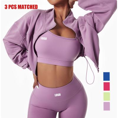 China New Breathable Winter ODM Sportswear Women Quick Dry Leggings And Bra Set Custom Logo Yoga Set Ladies Long Sleeve Hoodies Tracksuits 3pcs for sale