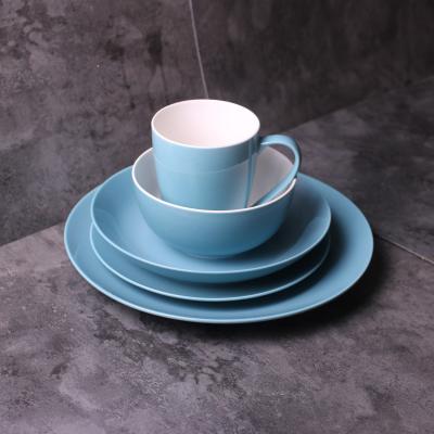 China Fahion blue coloured glaze dinner set 16 pcs with gif box/dinner plate/bowl/mug/new bone china for sale