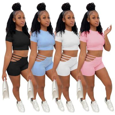 China 2021 Custom Logo Breathable Summer Women Tops Fashionable Two Pieces Shorts Set With Hollow for sale