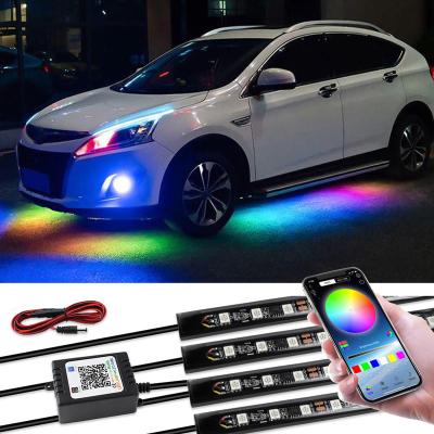 China LED+PVC App Control Flowing Chasing Light RGB Color Car Underglow Kit Underbody Neon Light Car Led Strip Lights for sale