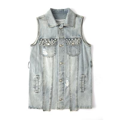 China Custom Breathable Women Button Front Flap Pocket Girls Sleeveless Long Waistcoat Fashion Street Denim Vest Women Denim Vest for sale