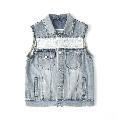 China Fashion Autumn Customized Breathable Logo Ladies Distressed Jeans Denim Jacket Womens Sleeveless Vests Women Coats Sleeveless Light Blue for sale