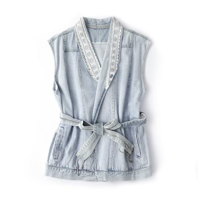 China Breathable Customized Fashionable Kimono Women's Denim Jacket Design Denim Ladies Jeans Logo Waistcoat Wrap Dress Sleeveless Belt Bottom Vest for sale