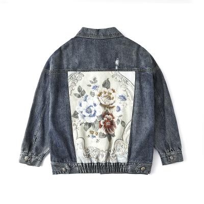 China QUICK DRY fashion unisex 100% cotton denim jackets flowers women casual unisex blue washed heavy denim jacket men custom fashion for sale