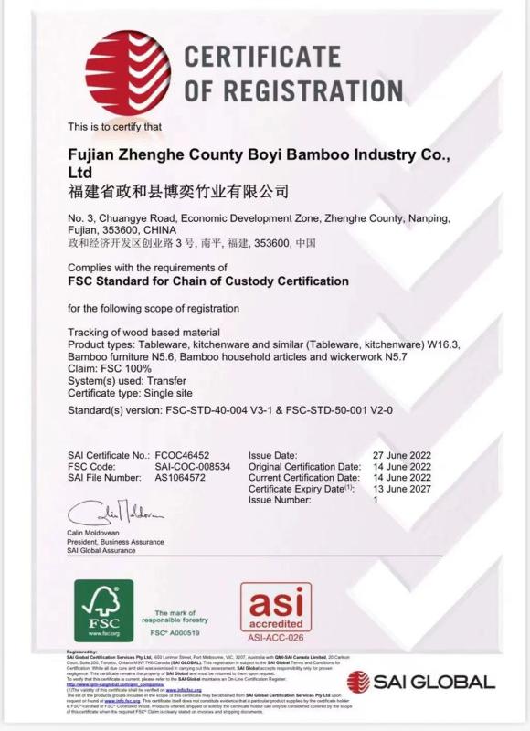 FSC - Fujian Zhenghe County Boyi Bamboo Industry Co., Ltd.