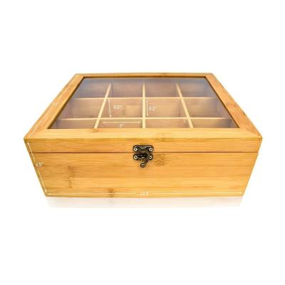 China Sustainable Natural Bamboo Tea Bag Organizer Box and Storage Royal House Drawer Tea Coffee Box Organizer 12 Compartments with Top Glass for sale