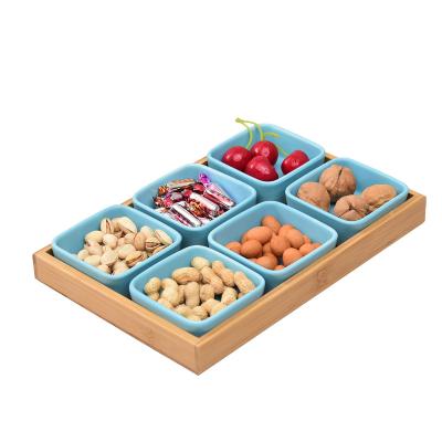 China 2022 Disposable Serveware Hot Ceramic Snack Appetizer Set Serving Dishes Tray With Wooden Bamboo Tray for sale