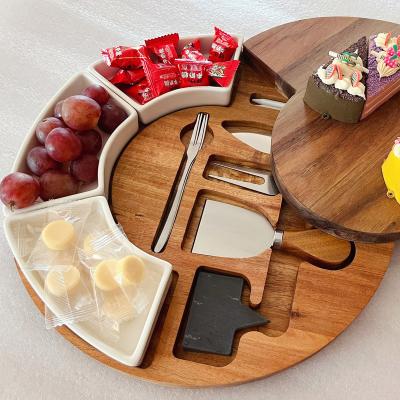 China Disposable Factory Made Ceramic Dish With Cutter Around Chopper Acacia Wood Expandable Cheese Dish for sale