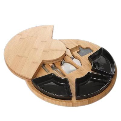 China Sustainable Round Bamboo Cheese Board Set With Utensils Placed Under A Rotary Plate, Small Dishes Fitted, Delicate Charcuterie Board for sale