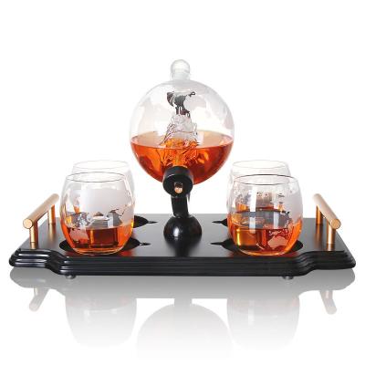 China CLASSIC 28 oz Whiskey Ball Decanter with Antique Ship and Matching Ball Glass Bar Funnel and Wood Base for sale