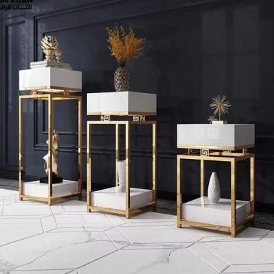 China Modern Design Living Room Furniture Metal Stainless Steel Decoration Luxury Wooden Top Wedding Flower Stand for sale