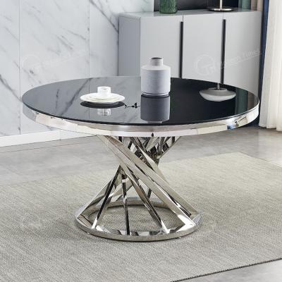 China Stable Modern Dining Room Furniture Tempered Black Glass Round Silver Dining Table for sale