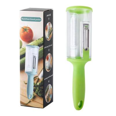 China Sustainable Multifunctional Kitchen Instrument Storage Plastic Stainless Steel Apple Fruit Vegetable Palm Peeler With Container for sale