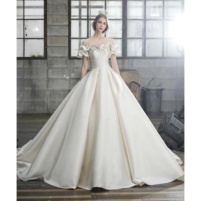 China YK2370A off-the-shoulder satin wedding dress new head temperament breathable French simple wedding dress tow wedding dress for sale