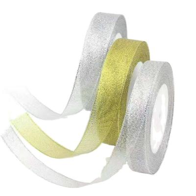 China 100% Polyester Printed Organza Grosgrain Box Package Ribbon Viable Gold Color White Onion Silver Ribbon Decoration for sale