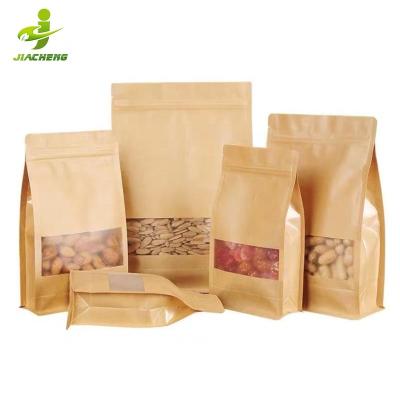 China JIACHENG Recyclable Food Grade 100g 4000g Snack 8 Side Sealed Brown Kraft Paper Stand Up Pouch Square Flat Bottom Bag With Window For Flour for sale