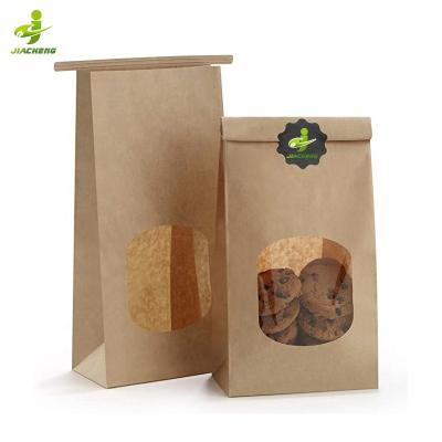 China Custom Recyclable Take Away Square Bottom Food Packaging Bakery Bread Treat Bag Biscuit Biscuit Tin Tie Tab Lock Kraft Paper Bag With Window for sale