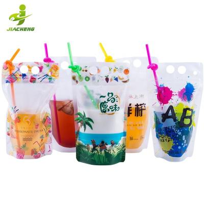 China JIACHENG New Years Moisture Proof Disposable Moq Low 100ml Zipper Plastic Stand Up Spout Pouch Clear Bpa Free Drink Smoothie Bags With Straw Hole for sale