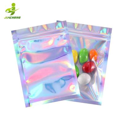 China JIACHENG Food Storage Fashion Beauty Smell Proof One Side Clear Holographic Pouch Folder Resealable Plastic Holographic Packaging for sale