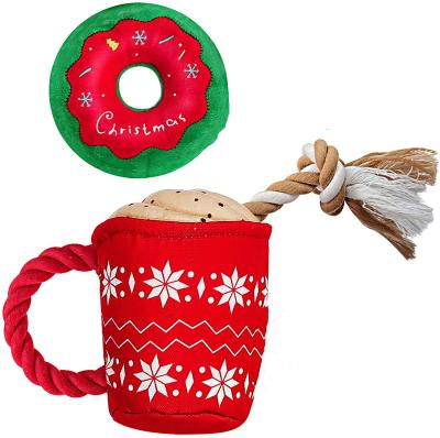 China Christmas Viable Pets New Arrival Plush Squeaky Chew Toys Coffee Cup With Rope Clean Dog Interactive Drag Chewing Toys for sale