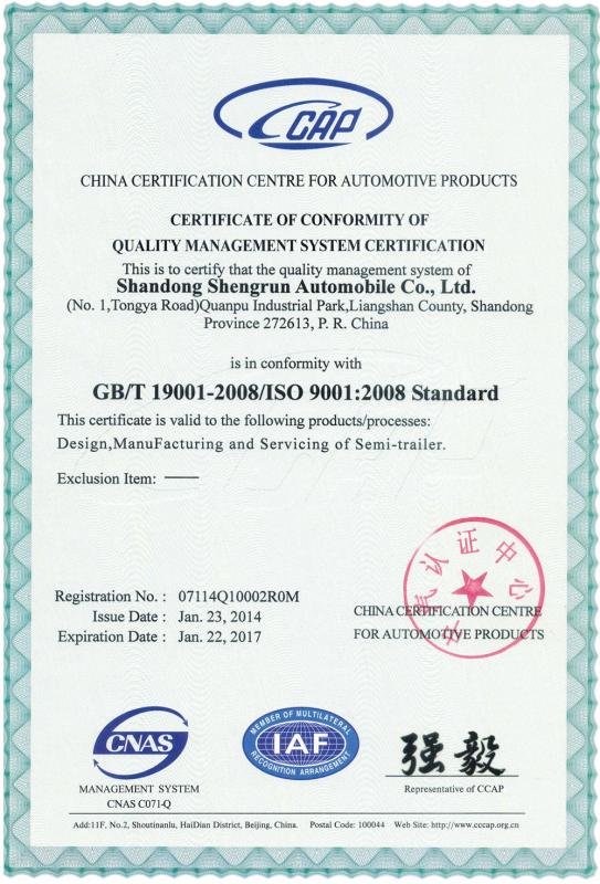 CERTIFICATE OF CONFORMITY OF QUALITY MANAGEMENT SYSTEM CERTIFICATION - Shandong Shengrun Automobile Co.,Ltd.