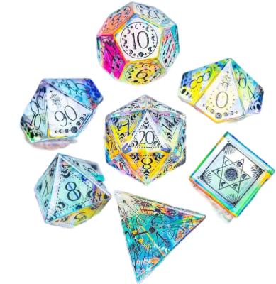 China DND Games Wholesale Gemstone Engraved For Cutting Custom D6 Stone Glass DND Gem Dice 16mm Rainbow Prism Polyhedral Dies Set K9 Glass Labrdorite for sale