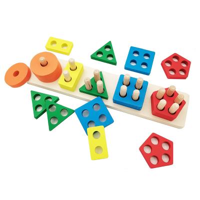 China Customized Wooden Montessori Educational Wooden Toys Kids Colorful Geometric Shapes Blocks Stacking Game Puzzle With Square Board for sale