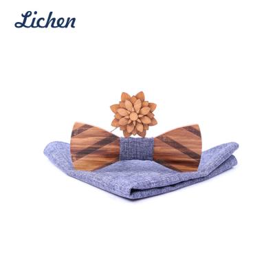 China 100% Handmade Wooden Bow Ties and Wooden Lapel Pin with Digital Printed Cotton Pocket Square for Mens Shirts for sale