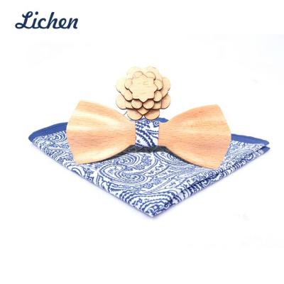 China 100% Handmade Wholesale Poplar Tree Wooden Bow Ties & Lapel Pins Rich Men With Cotton Pocket Digital Printed Square For Party Choose for sale